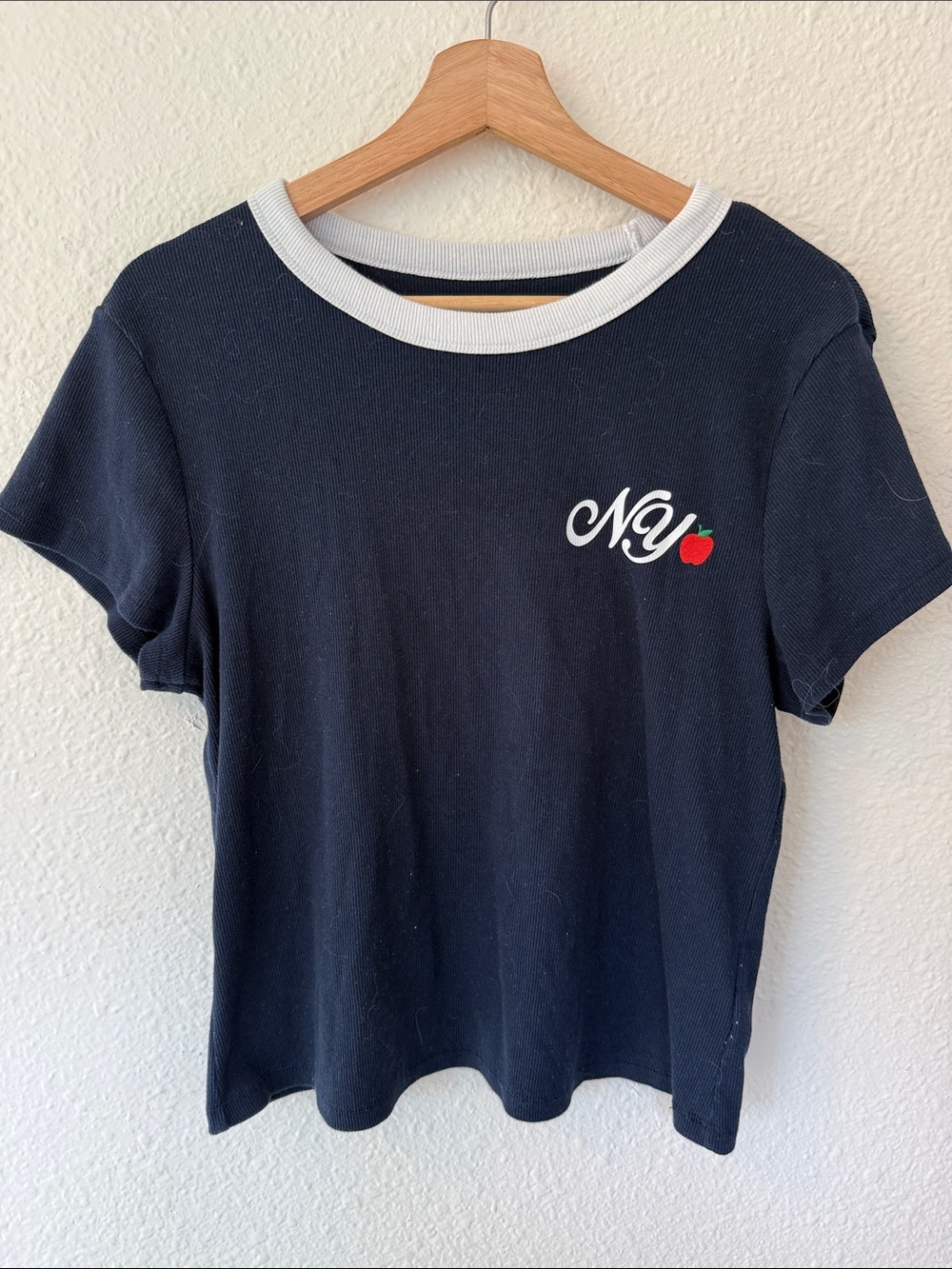Old Navy Navy Tee with White Collar and Red Apple Accent - Picture 1 of 4